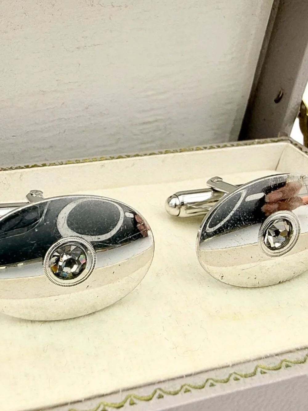 Anson Signed Art Deco Style MCM Silver Plated Rhinestones Minimalist Cufflinks